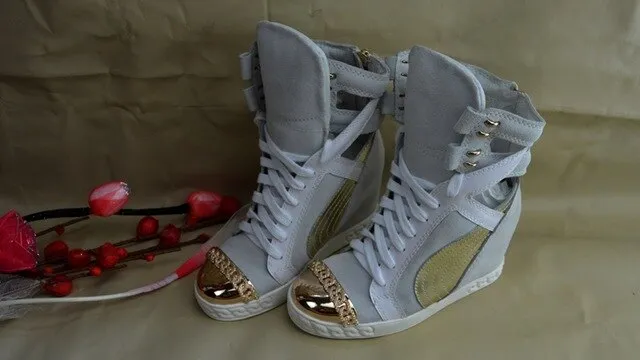 Patchwork Height Increasining Women Casual Shoes Wedges Sneakers Genuine Leather Metal Toe Pink Lace Up Platform Shoes Women
